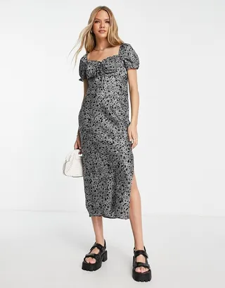 Topshop star print ruched midi dress in multi