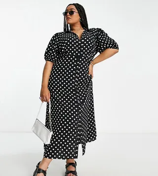 ASOS DESIGN Curve button front midi shirt tea dress in mono spot