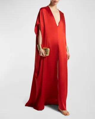 Hammered Satin Caftan Dress with Cape Back