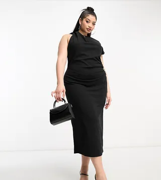 ASOS DESIGN Curve high neck ruched shoulder midi dress in black