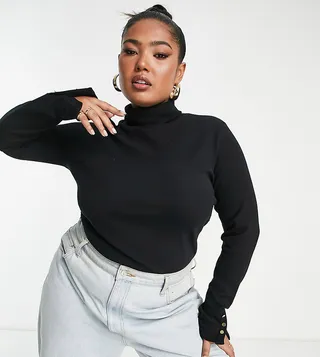 ASOS DESIGN Curve turtle neck with button cuff in black