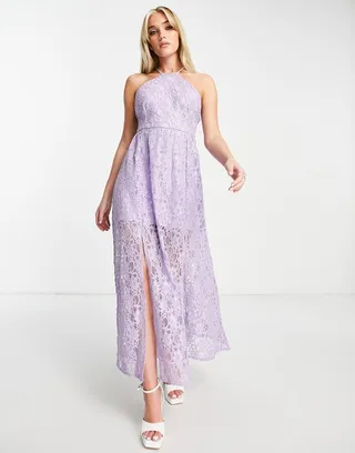 Miss Selfridge high neck lace midi dress in lilac
