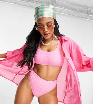 COLLUSION bikini top in pink printed towelling