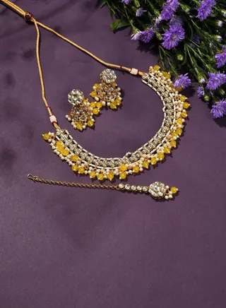 Gold Plated Designer Stone Beaded Necklace, Earrings and Maang Tikka Set