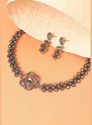 Gold Plated Designer Stone Party Wear Necklace and Earring Set For Women