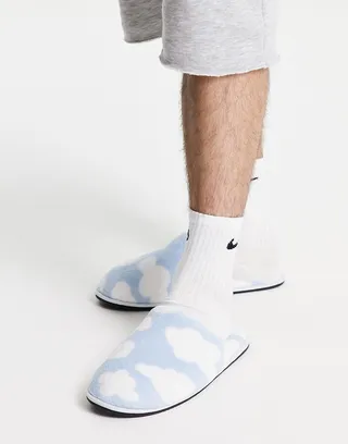 ASOS DESIGN slippers with cloud print in blue