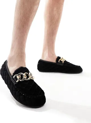 ASOS DESIGN moccasin slippers in black quilted velvet with gold hardware