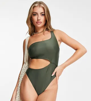 Wolf & Whistle Fuller Bust Exclusive cut out one shoulder swimsuit in olive