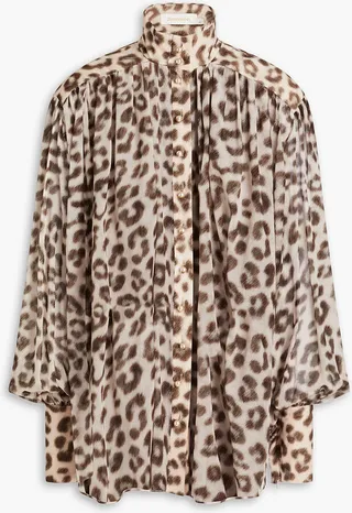 Dancer gathered leopard-print cotton and silk-blend blouse