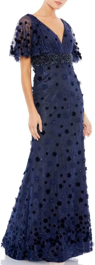 Floral Appliqué Flutter Sleeve Lace Gown