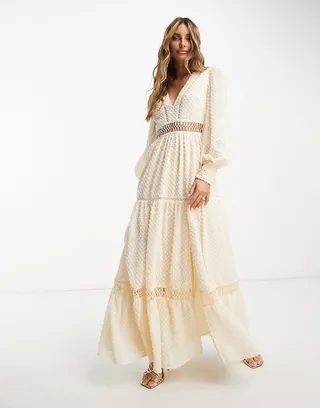 ASOS DESIGN tufted textured lace insert maxi dress in cream