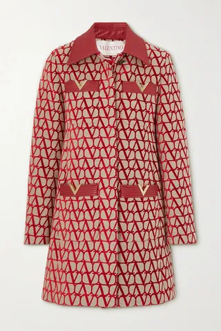 Valentino Garavani - Toile Iconographe Leather-trimmed Flocked Canvas Coat - Red