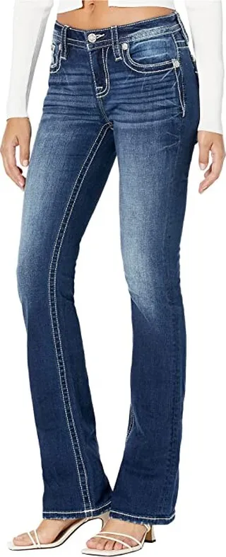 Miss Me Feather Embroidered Mid Boot Jeans in Medium Blue (Medium Blue) Women's Jeans