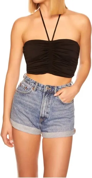 Gathered Front Halter Crop Top in Black