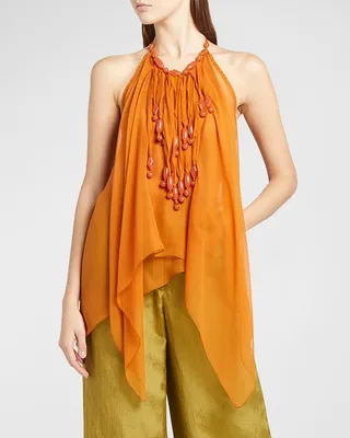 Beaded Fringe Handkerchief Halter Top