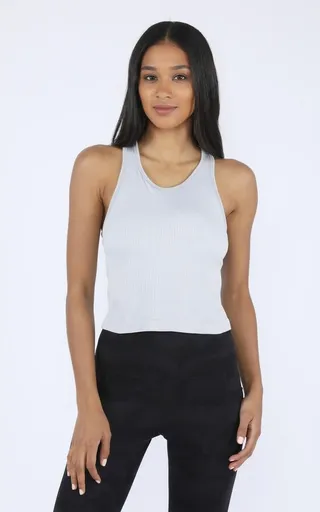 90 Degree By Reflex - Women's Ribbed Cropped Tank Top with Padded Inside Bra - Silver Grey - Large