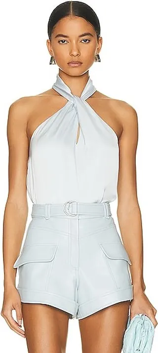 JONATHAN SIMKHAI STANDARD Katana Halter Twist Blouse in Baby Blue