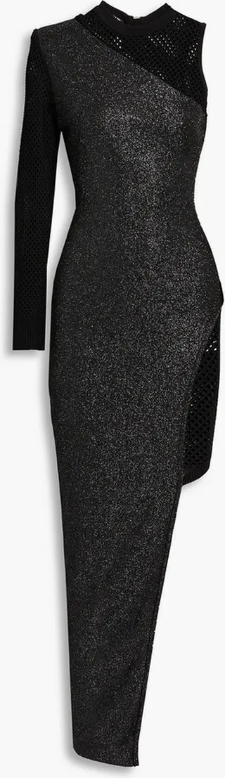 One-sleeve crochet-paneled metallic knitted dress
