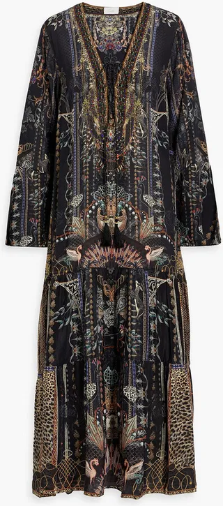 Embellished lace-up printed silk crepe de chine maxi dress