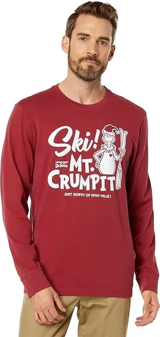 Life is Good Retro Grinch Ski Mt. Crumpit Long Sleeve Tee (Cranberry Red) Men's Clothing