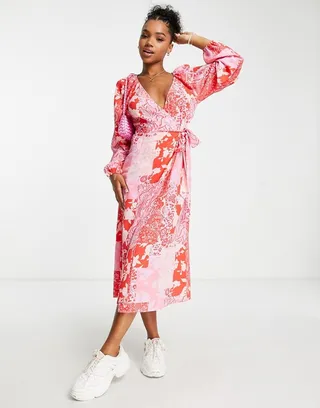 ASOS DESIGN wrap belted midi dress in lilac and red patchwork print