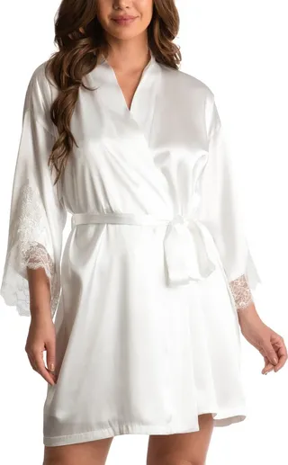 Linea Donatella Women's Satin Lace-Trim Wrap Robe
