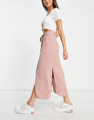 ASOS DESIGN belted button through midi skirt in pink