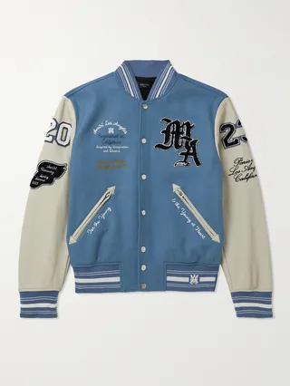 Appliquéd Embroidered Wool-Blend and Leather Varsity Jacket