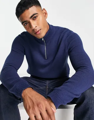 ASOS DESIGN midweight half zip cotton sweater in navy
