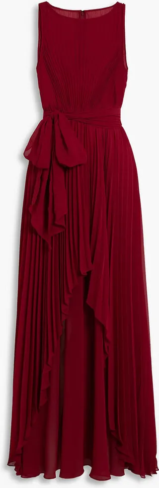Belted layered plissé-chiffon gown