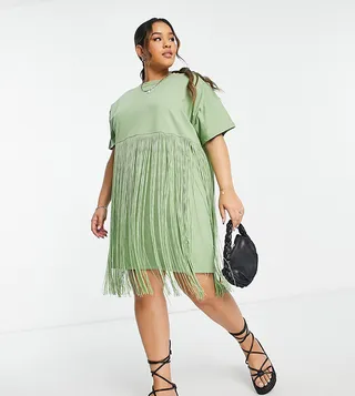 ASOS DESIGN Curve mini t-shirt dress with fringing in olive
