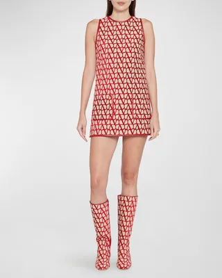 V-Logo Jacquard Leather-Trim Mini Shift Dress