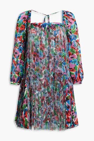 Fringed floral-print silk chiffon mini dress