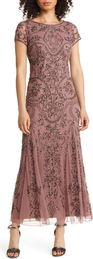Beaded Mesh Column Gown