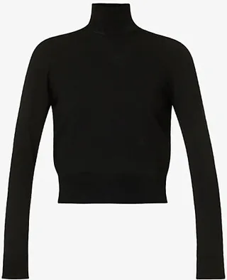 Womens Black Turtleneck Brand-embroidered Wool-blend Jumper