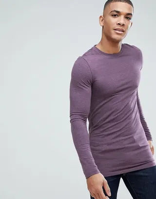 ASOS DESIGN longline muscle fit t-shirt with long sleeves in purple