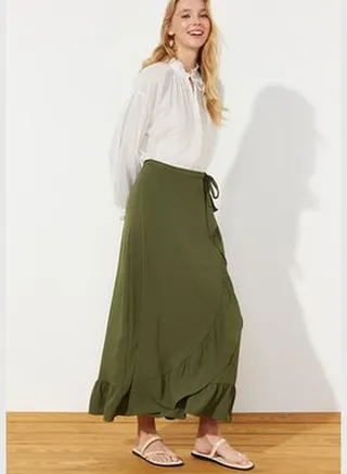 Dark Khaki Wrapover Flounce Woven Skirt TCTSS21ET0579