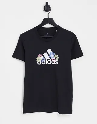 adidas Sportstyle floral logo t-shirt in black