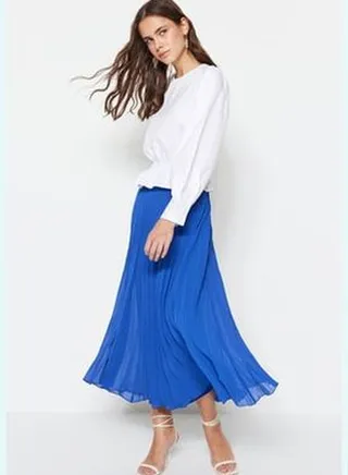 Navy Blue Pleated Weave Chiffon Skirt with Elastic Waist Lined and TCTSS23EE00019.