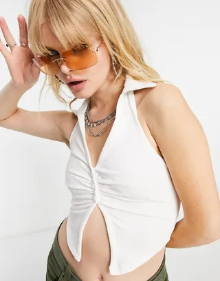 Bershka collared button down crop top in ecru