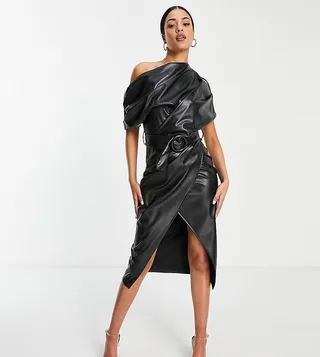 ASOS DESIGN Tall fallen shoulder pu belted pencil midi dress in black