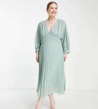 ASOS DESIGN Curve pleated batwing midi dress in chevron texture in green