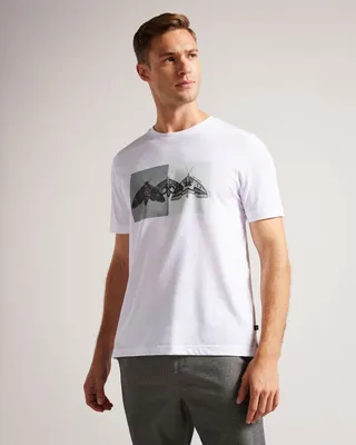 Short Sleeve Regular Fit Moth Print T-Shirt in White
