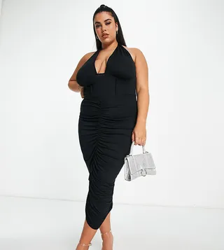 ASOS DESIGN Curve halter ruched midi dress in black