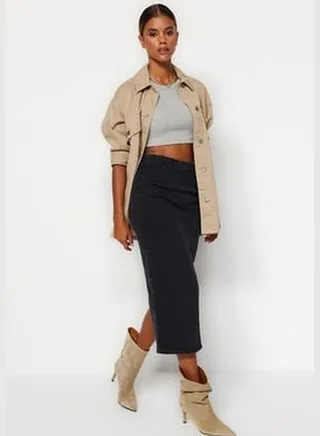 Black Stitching Detail Midi Pencil Denim Skirt TWOAW24ET00057