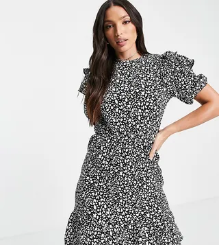 Topshop Tall mono ruffle shoulder mini dress