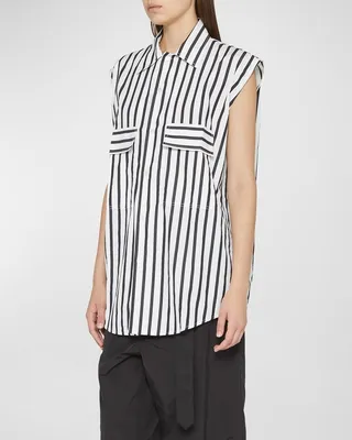 Striped Cap-Sleeve Collared Shirt