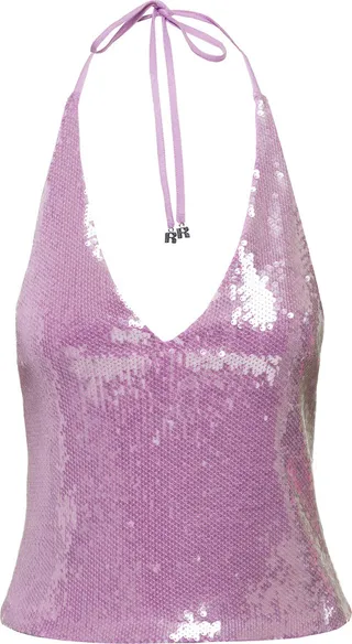 Pink Halterneck Top With All-over Sequins In Polyester Woman Rotate
