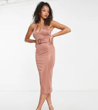ASOS DESIGN Tall belted u neckline midi dress in rose pink