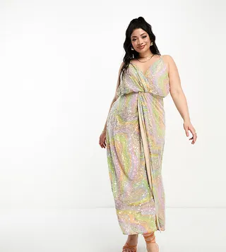 ASOS EDITION Curve twist front cami midi dress in pastel print and sequin
